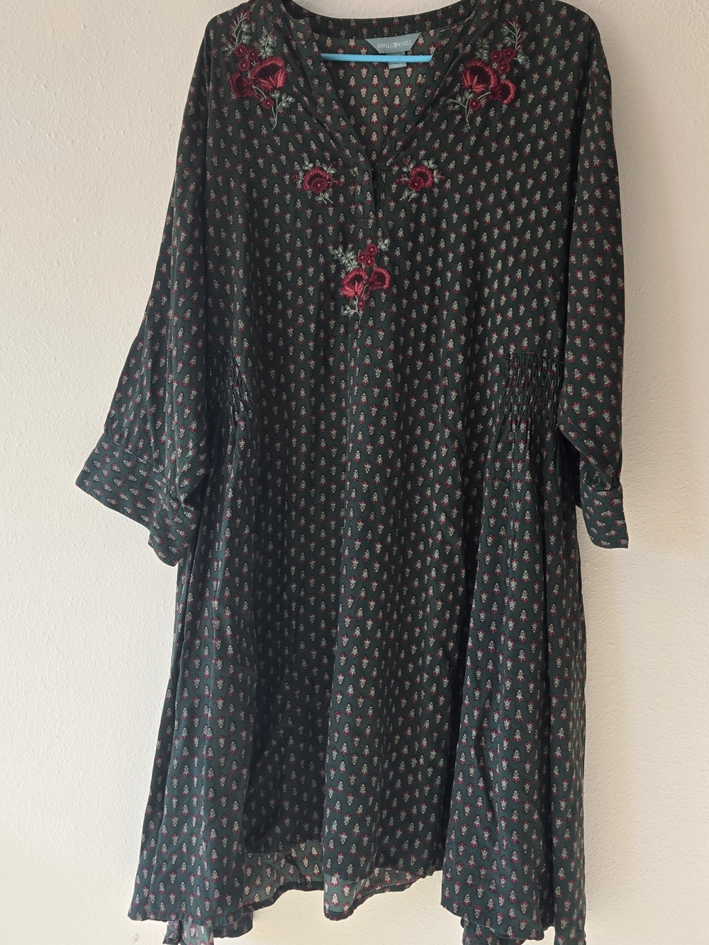 April Cornell Black Tunic with Red Floral Embroidery
